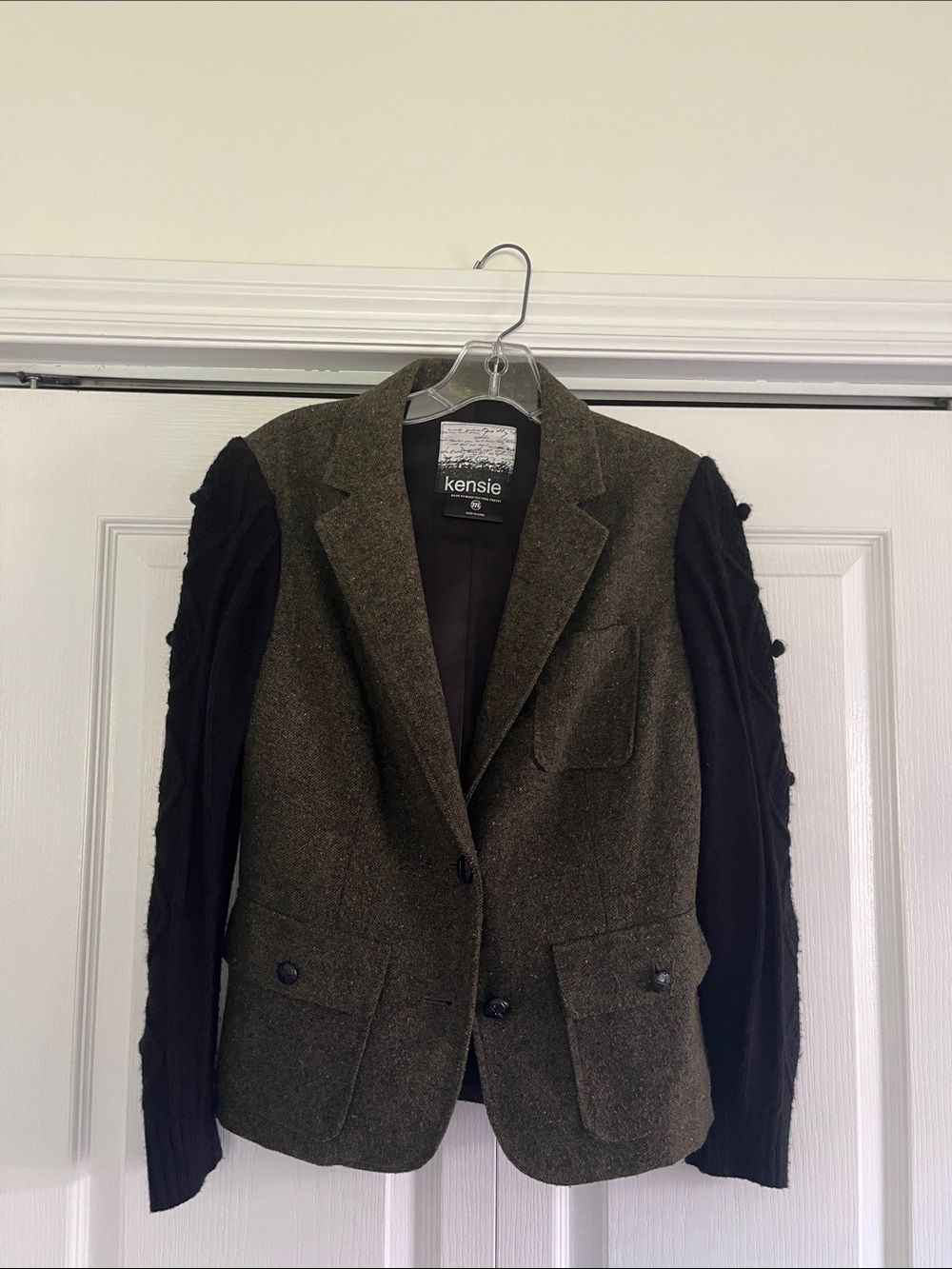 kensie Olive Tweed Blazer with Black Knit Sleeves